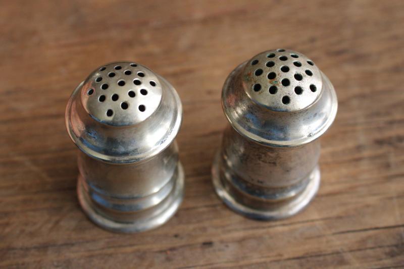 tiny antique silver plate salt and pepper shakers, S&P marked P&B Sheffield