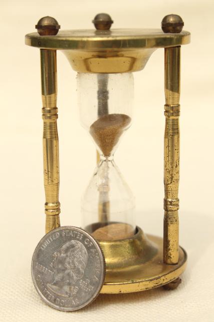 tiny brass hourglass made in England, three minute egg timer, vintage kitchen timer