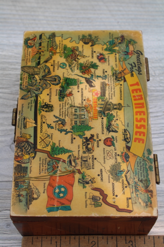 tiny cedar chest trinket box, vintage souvenir of Tennessee road trip w/ post card map print