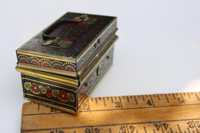 tiny metal document box, vintage Czech litho print toleware trinket box w/ lock, no key