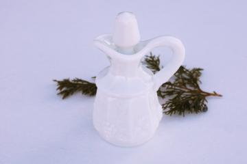 tiny milk glass cruet pitcher w/ stopper, paneled grape pattern vintage Westmoreland glass