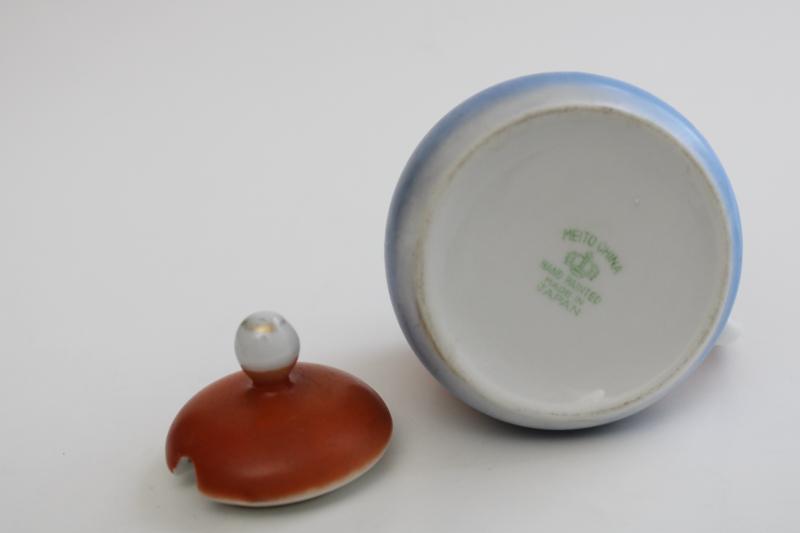 tiny mustard pot jar w/ lid, tree on lake hand painted vintage Meito china Japan
