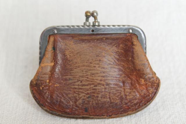 tiny old antique leather coin purse, doll&#39;s size bag w/ metal jaw clasp top