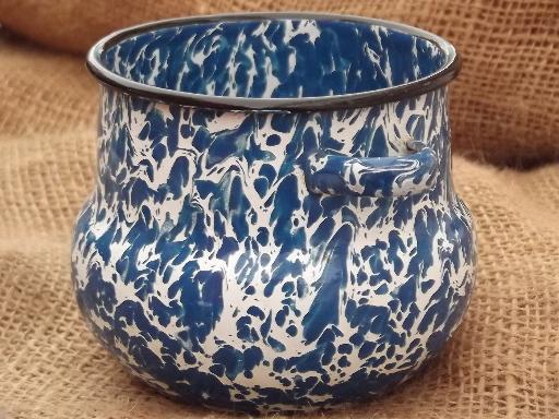 tiny old blue & white enamelware pot, one cup size cauldron shape sugar bowl 