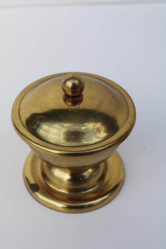 tiny old brass bowl w/ lid, vintage snuff box or sand pot for writing desk?