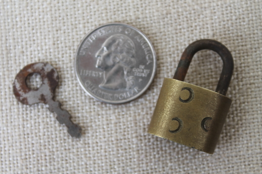 tiny old brass padlock with working key, for diary journal lock or jewelry box?