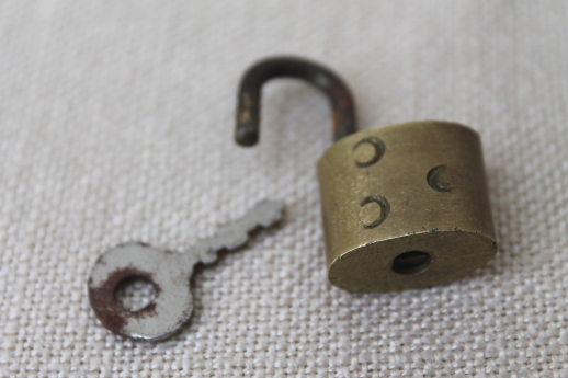 tiny old brass padlock with working key, for diary journal lock or jewelry box?