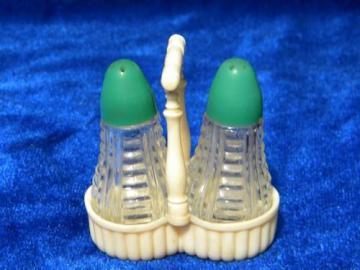 tiny old pressed pattern glass salt & pepper shakers, celluloid plastic rack