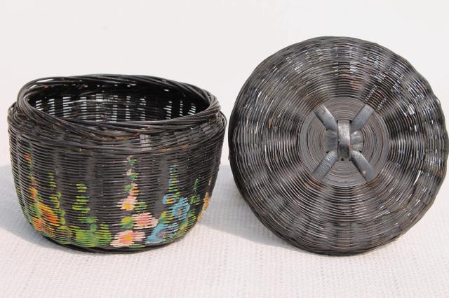 tiny old round wicker sewing basket w/ hand painted hollyhocks flowers