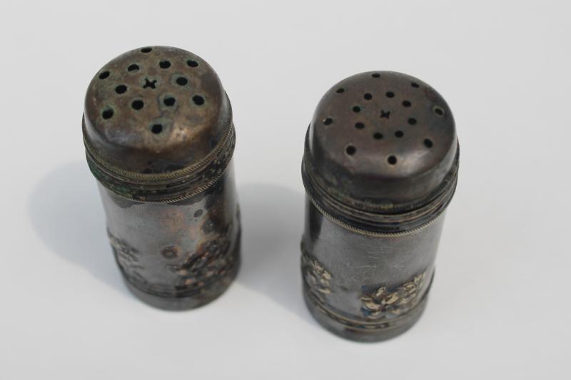 tiny old silverplate salt and pepper shakers set w/ ornate floral, early 1900s Rogers silver