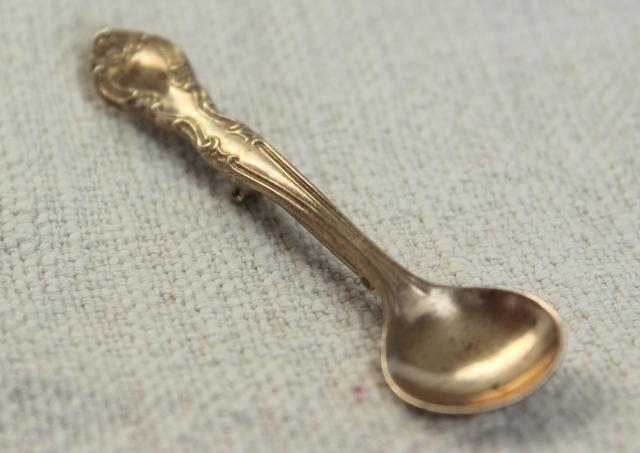 tiny old sterling silver salt spoon, vintage straight pin back brooch