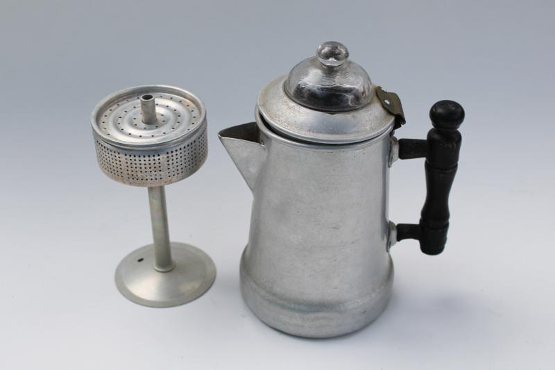 tiny old stovetop coffee pot, working percolator complete w/ basket & rod