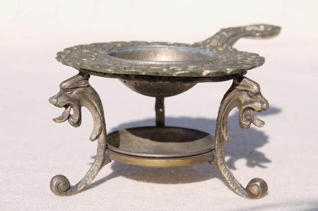 tiny ornate metal tea strainer on stand, vintage Italian silver plate over brass