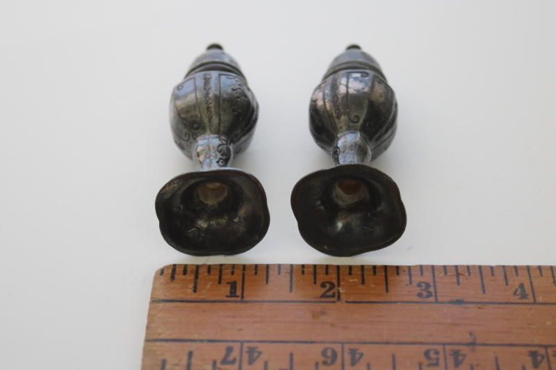 tiny ornate salt and pepper shakers Avon silver plate, worn dark tarnished old silver