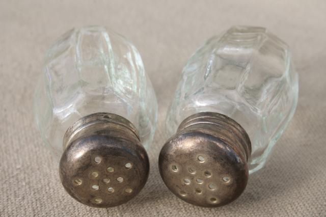 tiny pressed glass salt & pepper shakers, mini S&P sets w/ metal lids