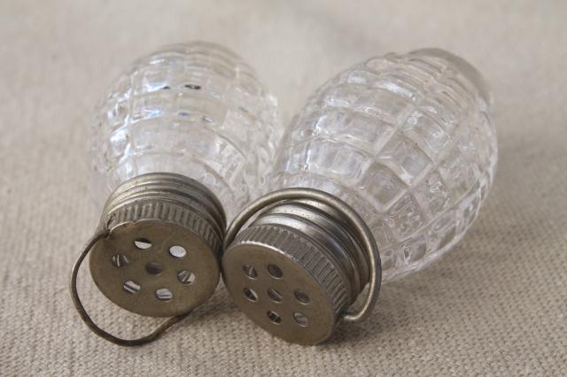 tiny pressed glass salt & pepper shakers, mini S&P sets w/ metal lids