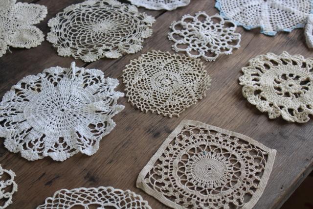 tiny round vintage lace doilies & centerpieces, crochet & tatted lace doily lot