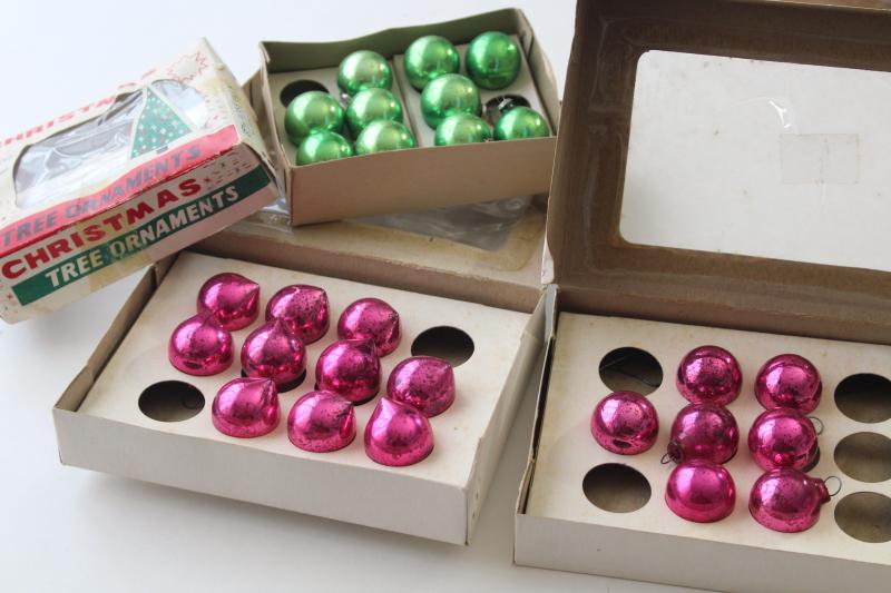 tiny vintage Christmas tree ornaments, mini pink & green glass balls baubles for feather trees