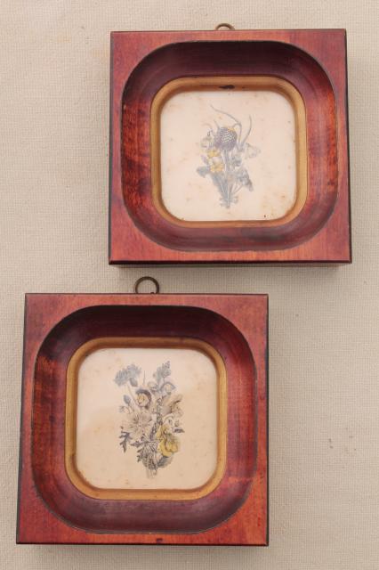 tiny vintage botanical floral prints in deep wood frames, old artwork miniatures 