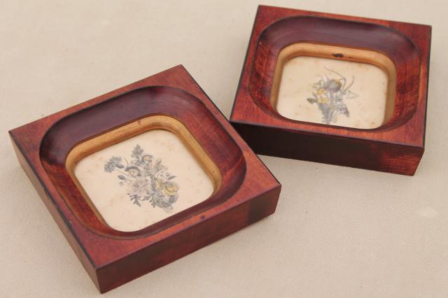 tiny vintage botanical floral prints in deep wood frames, old artwork miniatures 