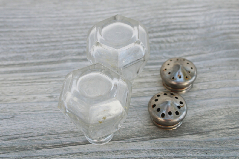 tiny vintage glass salt and pepper shakers, diner lunch counter retro S&P