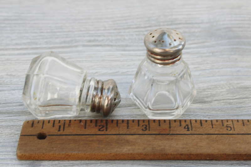 tiny vintage glass salt and pepper shakers, diner lunch counter retro S&P