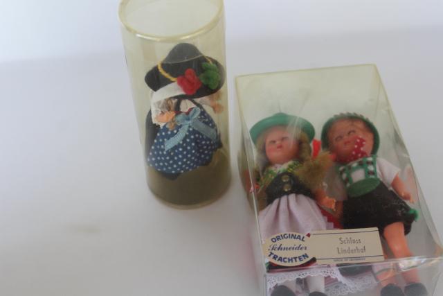 tiny vintage hard plastic dolls in Bavarian & Austrian folk costumes, dollhouse dolls