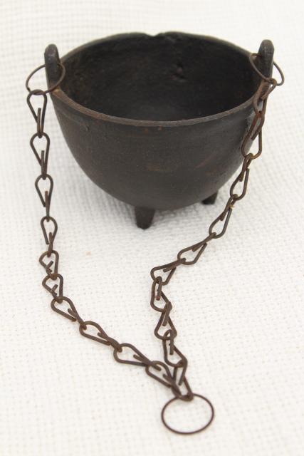 tiny witch cauldron pot, 1970s vintage cast iron kettle plant pot hanger