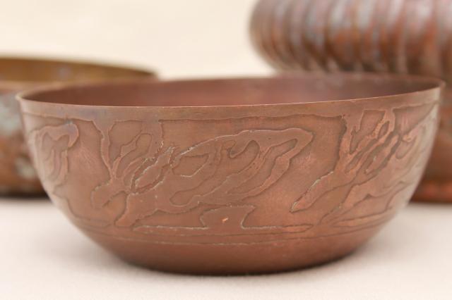 tooled copper and brass bowls, vintage planter pots w/ tarnished old patina