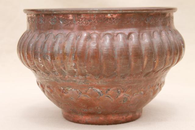 tooled copper and brass bowls, vintage planter pots w/ tarnished old patina