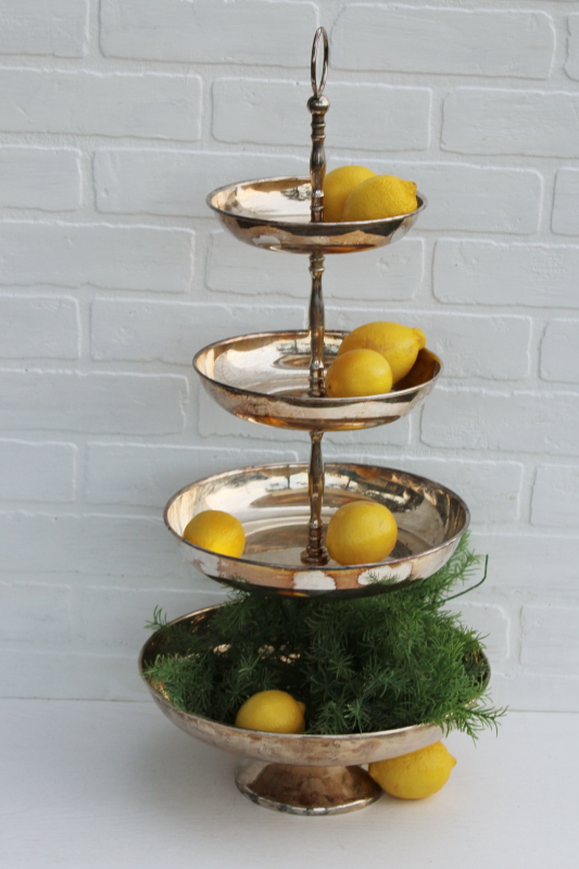 towering silver plate centerpiece, five tiered tray for buffet server, holiday fruit, wedding flowers
