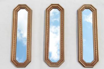 trio of gold framed mirrors, vintage 60s wall art set, long narrow mirror grouping