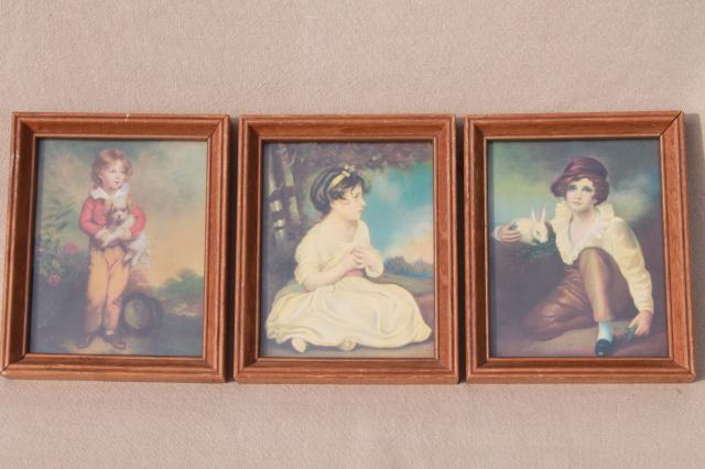 trio of miniature picture frames, retro kitsch romantic style prints of pretty children