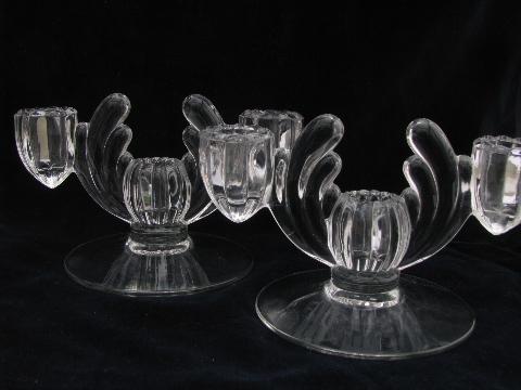 tulip shape candlesticks vintage glass candleabra, pair branched candle holders