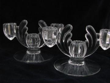 tulip shape candlesticks vintage glass candleabra, pair branched candle holders