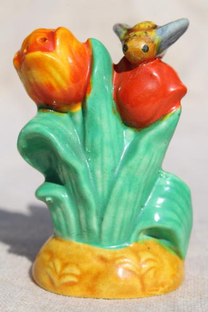 tulips w/ bees vintage S&P set, hand painted Japan figural novelty salt and pepper shakers