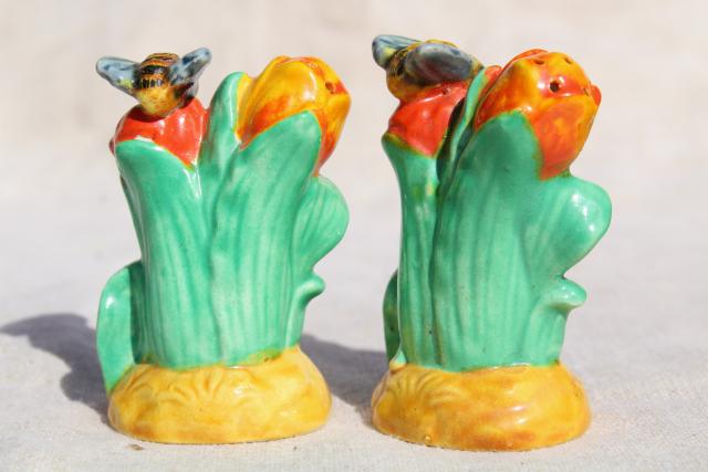 tulips w/ bees vintage S&P set, hand painted Japan figural novelty salt and pepper shakers