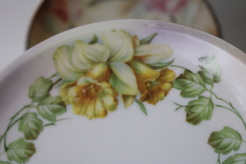 tulips  daffodils mismatched vintage china plates, hand painted florals spring flowers