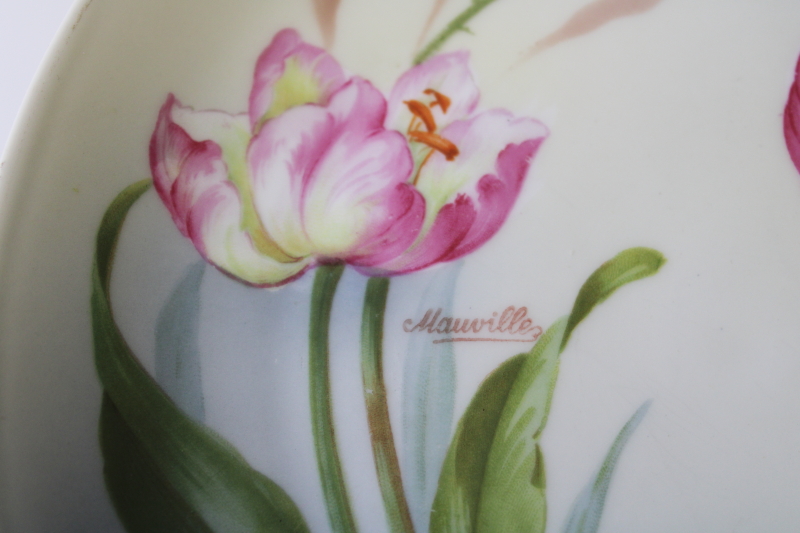 tulips  daffodils mismatched vintage china plates, hand painted florals spring flowers