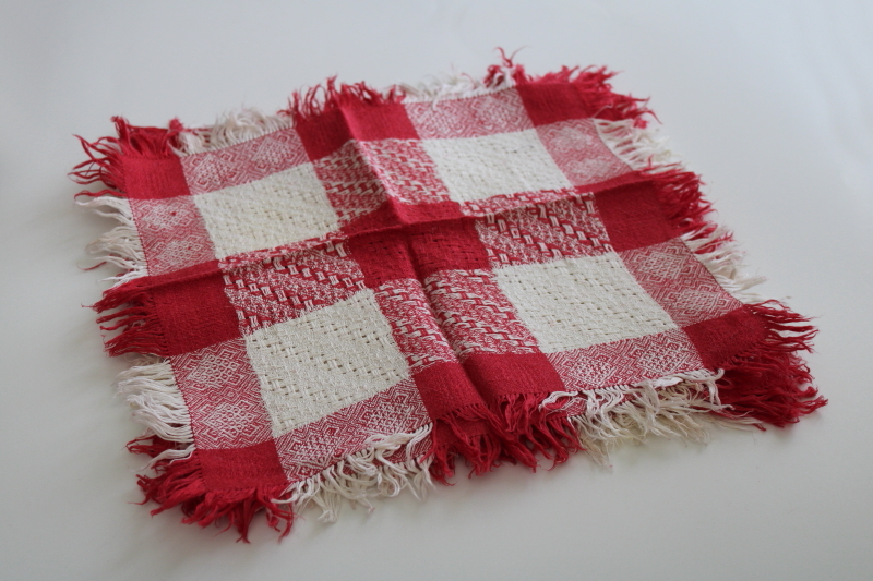 turkey red  white jacquard cotton napkins set, stained antique vintage fabric