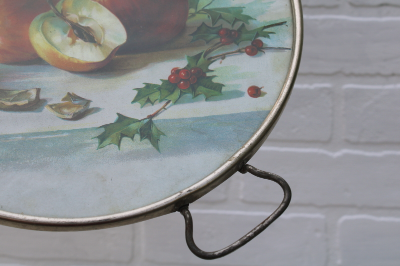 turn of the century vintage tray, nickel silver frame w/ antique print of Christmas greenery & fruit