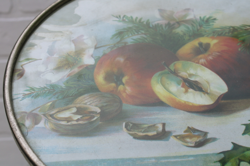turn of the century vintage tray, nickel silver frame w/ antique print of Christmas greenery & fruit