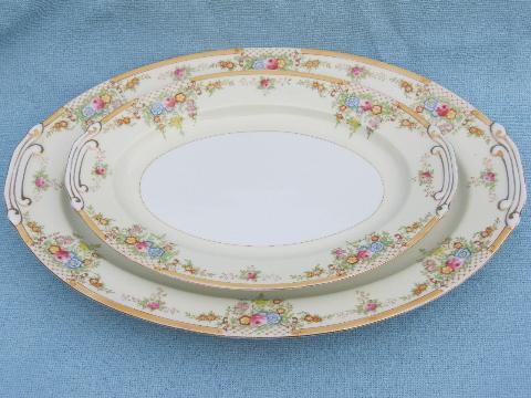 two large platters, vintage Japan china w/ hand-painted floral border