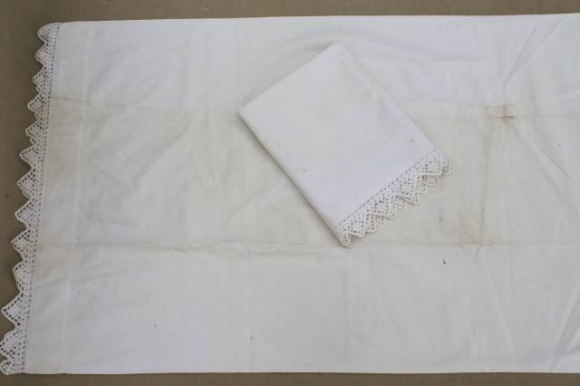 two pairs vintage all white cotton pillowcases w/ handmade crochet lace edgings