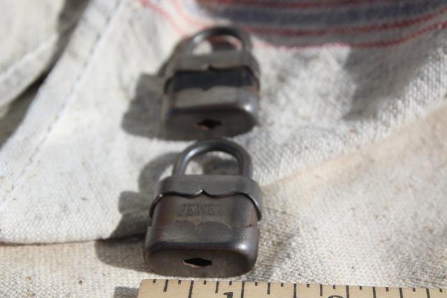 two tiny vintage padlocks, no keys - old G&J padlock, Jewel lock