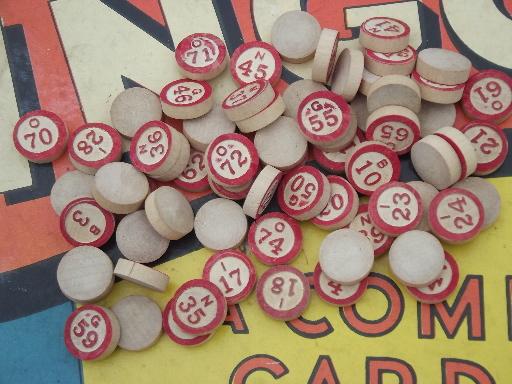 two vintage bingo sets, lot wood parts numbers and markers, game cards