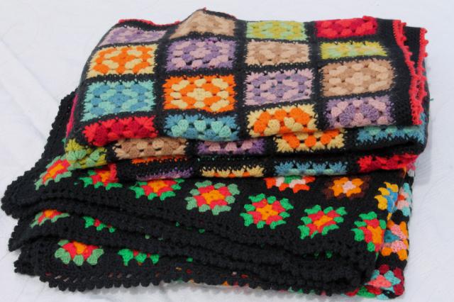two vintage crochet granny square afghans, retro bohemian bright colors w/ black