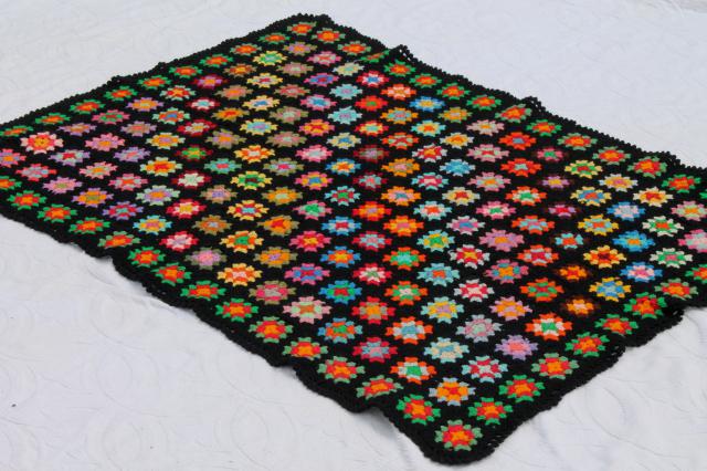 two vintage crochet granny square afghans, retro bohemian bright colors w/ black