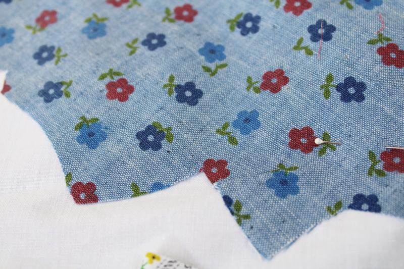 unfinished project vintage quilt blocks, cotton prints leaf applique on unbleached muslin fabric