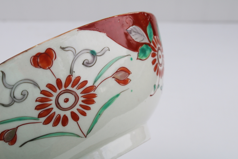 unmarked Asian porcelain bowl, hand painted flowers in red, green, grey Chinese or vintage Japan